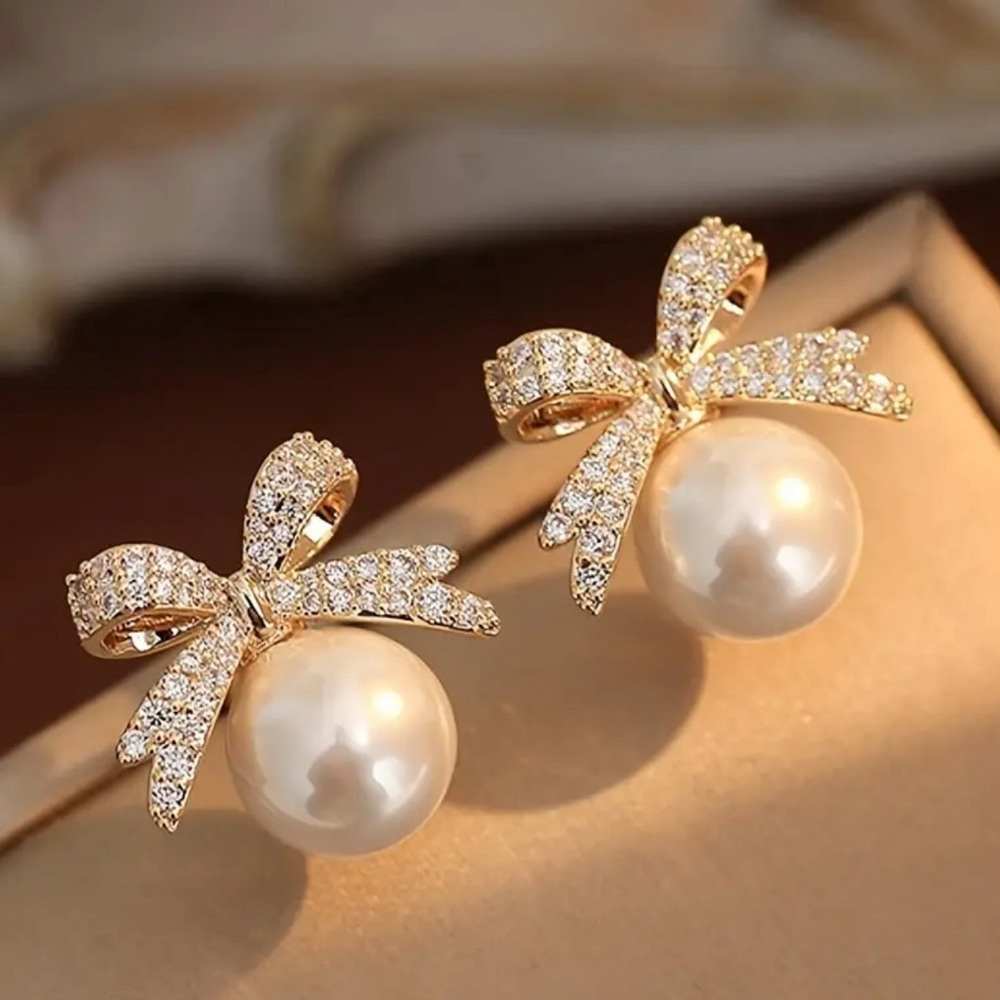 Bridal Style Faux Pearl Inlaid Rhinestone Bow Gold Tone Earrings +Free Gift